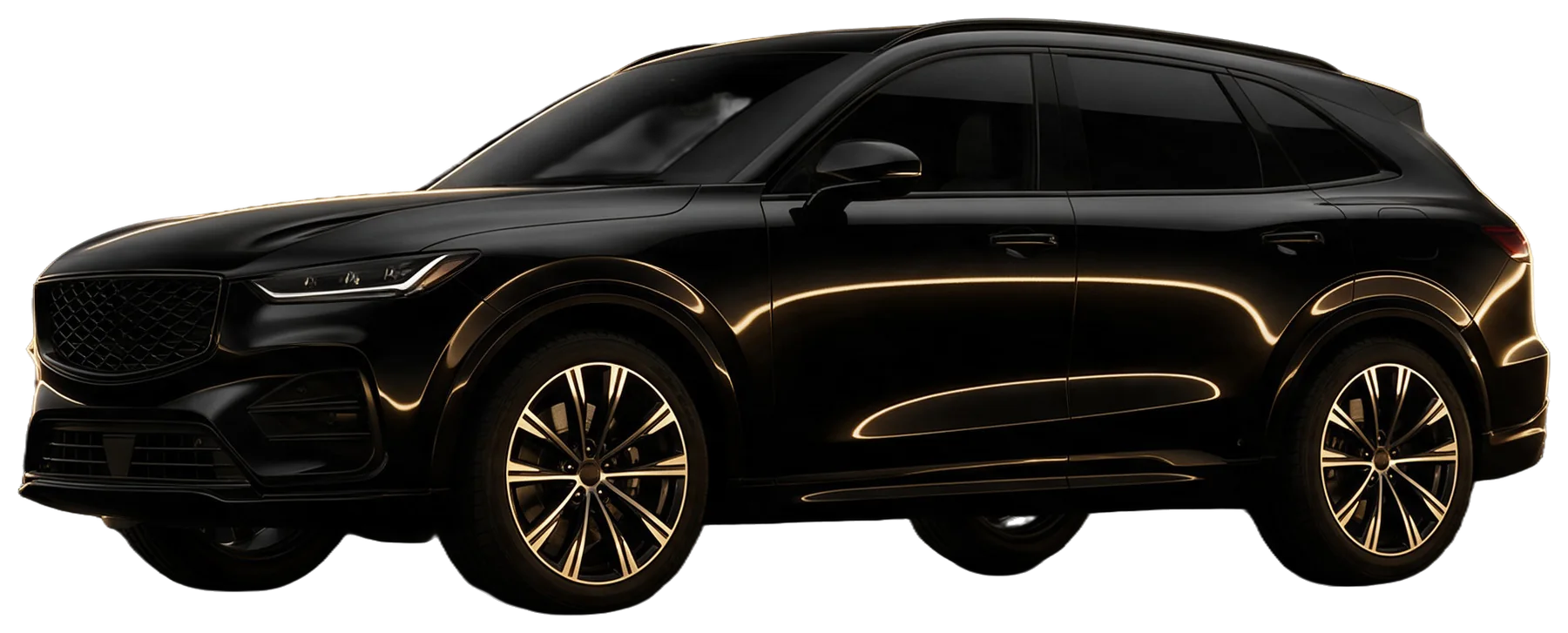 SUV negra iluminada con luz dorada en el showroom de Neftalí Smart Auto